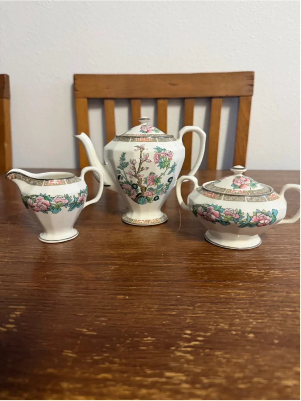 Vintage Wm M Knowles Vitreous China 3 Piece Tea Set Floral Teapot Sugar Bowl Cre